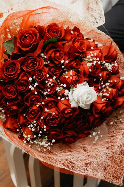A luxurious floral arrangement of deep red roses with a single white rose, accented by sprigs of delicate white baby's breath, all arranged in a dense bouquet. The flowers are wrapped in beige texture
