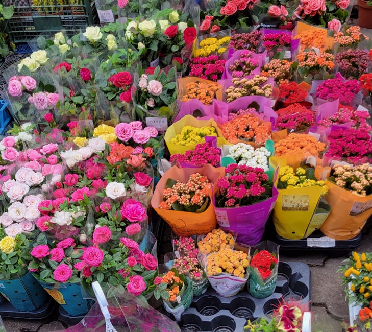 A vibrant display of freshly cut flowers at a street flower stall viewed from above. The arrangements feature a variety of roses, in shades of pink, white, yellow, and red, with lush green foliage. So