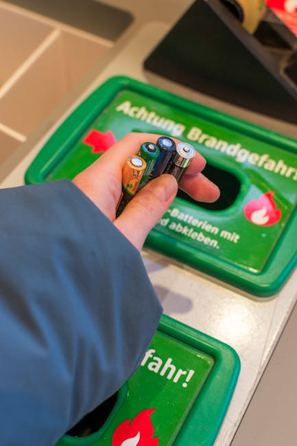 A person's hand, wearing a blue jacket, is placing rechargeable batteries into a green battery recycling bin labeled with German text and symbols. The bin is situated on a countertop, with another sim
